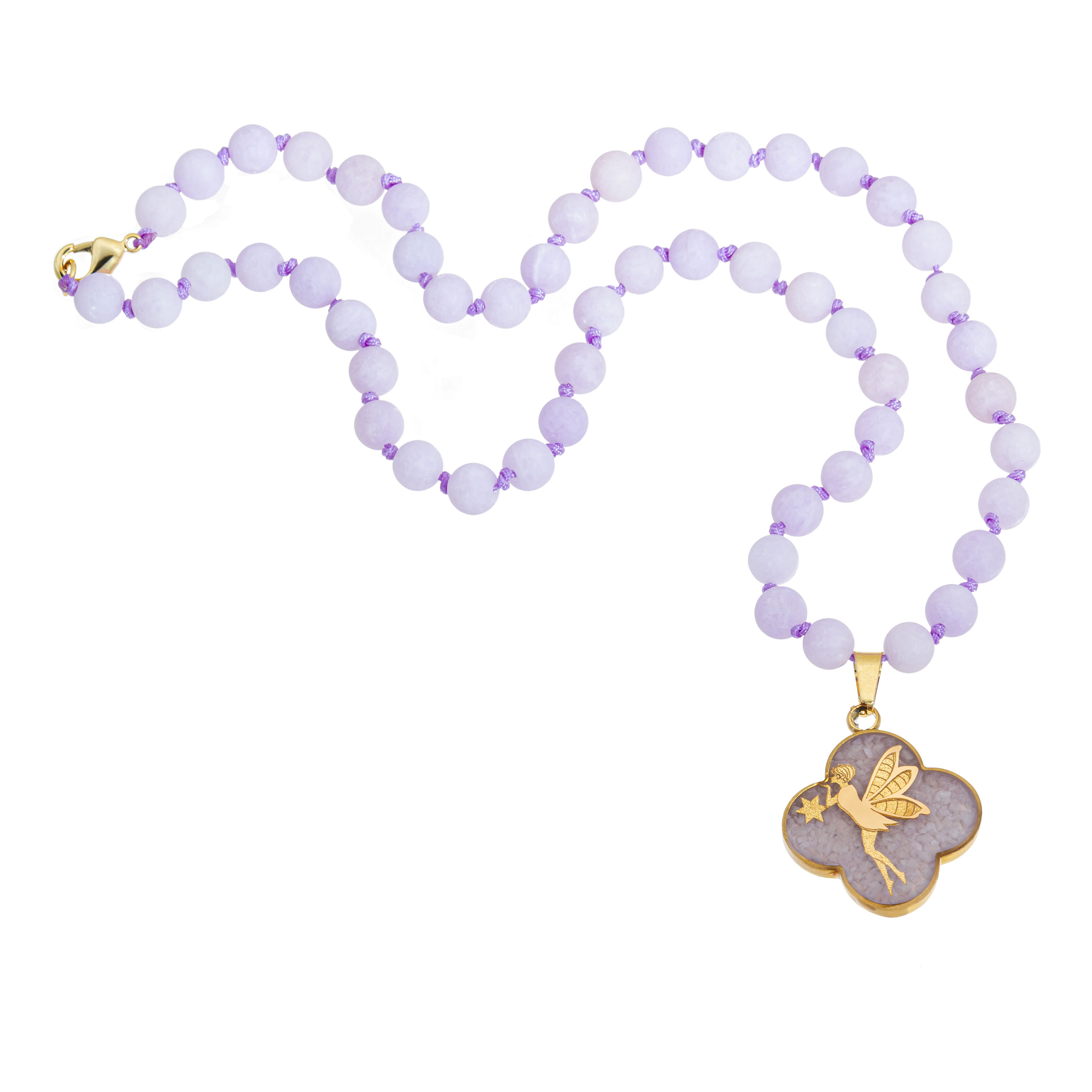 گردنبند سنگ عقیق یاسی و ورق طلای 24 عیار با طرح فرشته